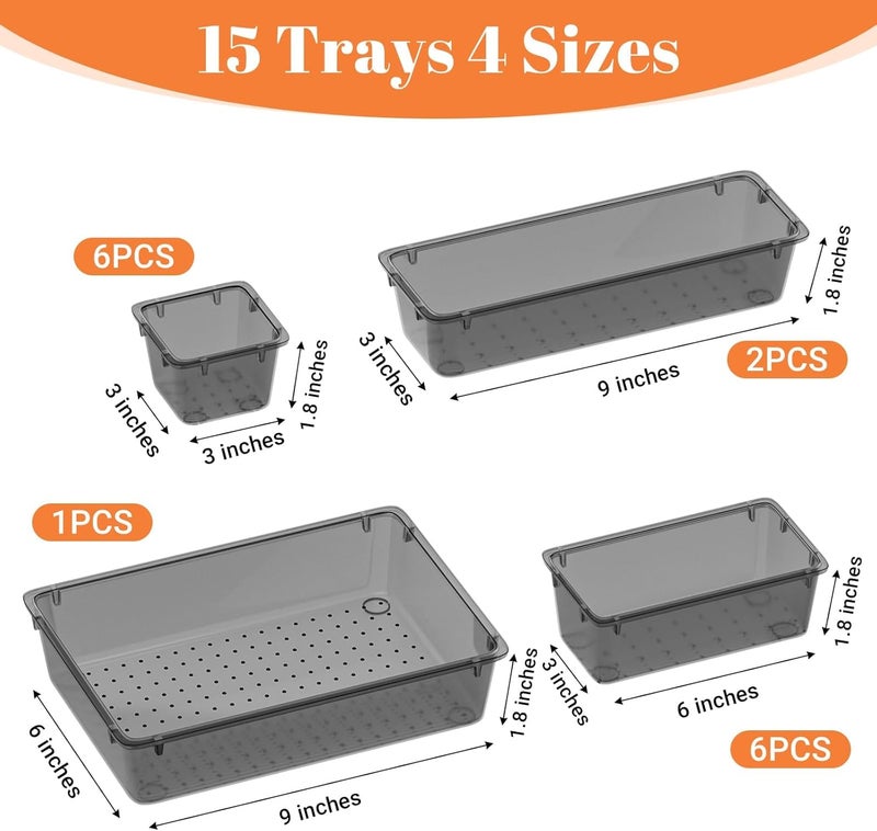 SpaceHacks 15 PCS Clear Plastic Drawer Organizer Set, 4-Size Acrylic Drawer Storage Trays, Storage Bins for Makeup, Gadgets, and Jewelry in Bathroom, Bedroom and Office, Clear Black - Image 3